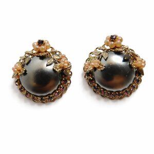 Vintage Hematite Color Cabochon Floral Pearl Rhinestone Clip-On Earrings